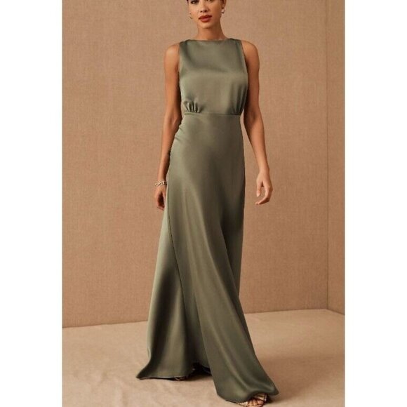 BHLDN Beckett Green Sage Sleeveless Maxi Dress Satin Gown Size 4 - Picture 2 of 12